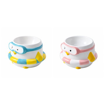 Penguin Swim Ring Ceramic Pet Bowl | clean white multi-variant SKU hero | complete variant set | DETERMINISTIC_COMPOSITE