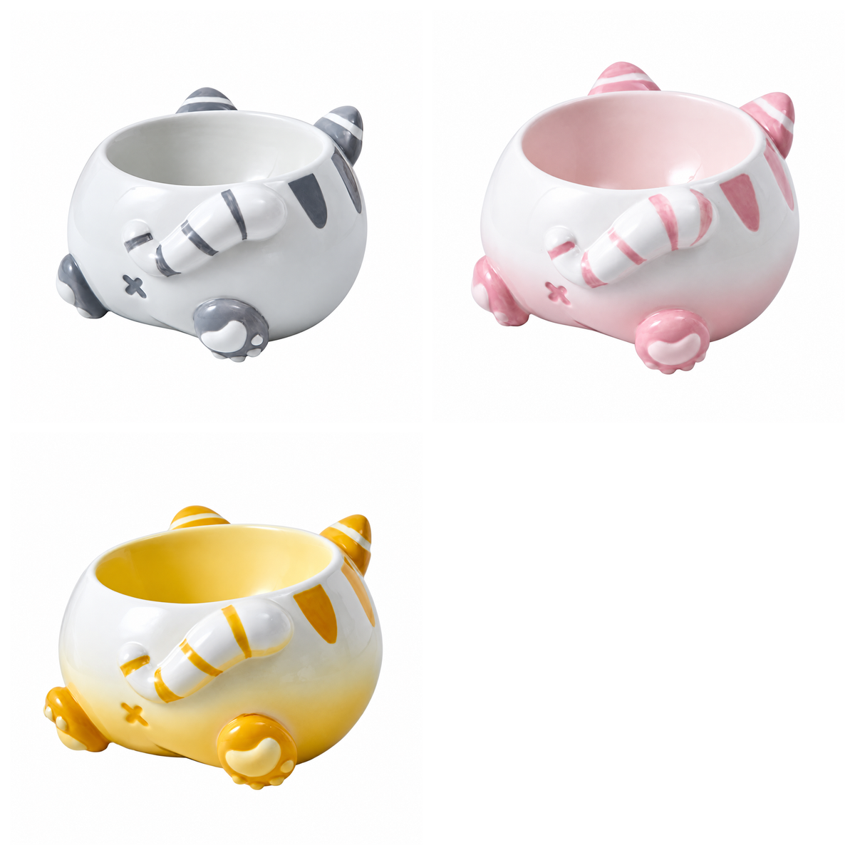 Curvy Cat Butt Ceramic Pet Bowl | clean white multi-variant SKU hero | complete variant set | DETERMINISTIC_COMPOSITE