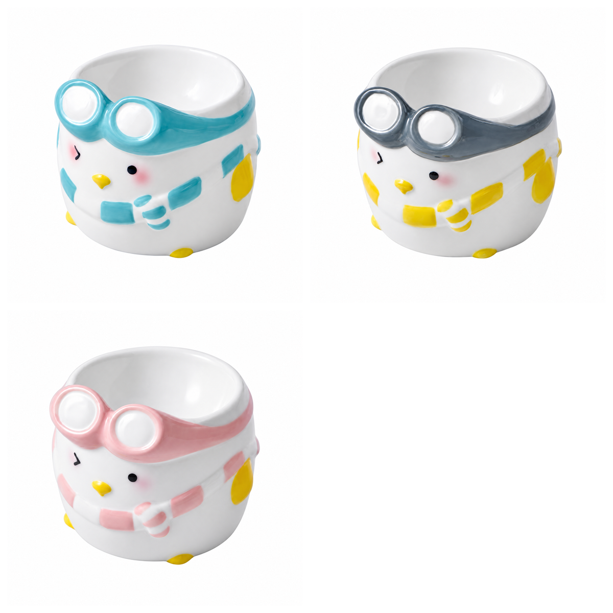 Penguin Ski Ceramic Pet Bowl | clean white multi-variant SKU hero | complete variant set | DETERMINISTIC_COMPOSITE