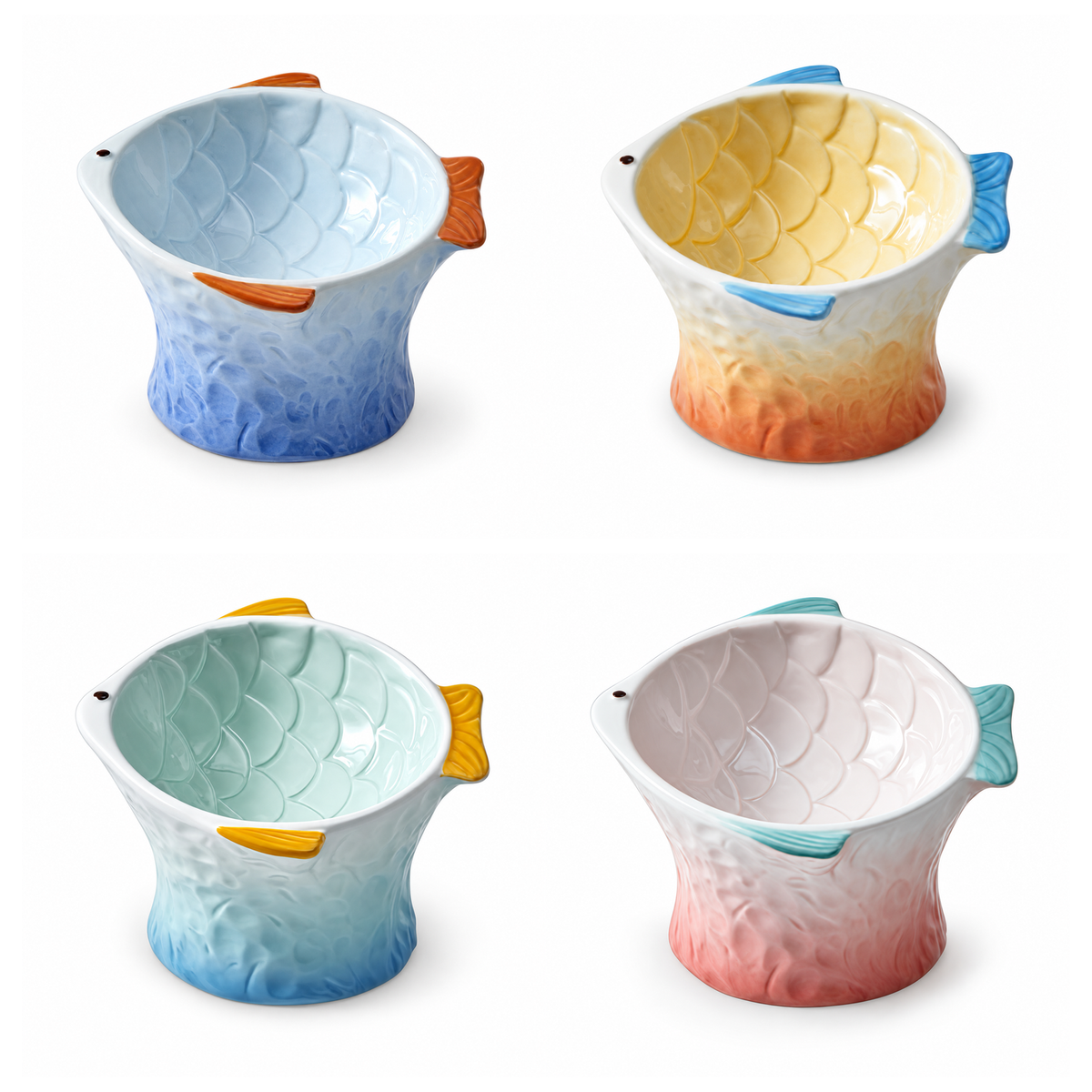 Raised Tilted Ceramic Cat Bowl - Cute Elevated Slanted Shallow Angled Cat Dish - Personalized Pet Feeder for Food Feeding - Ergonomic Anti Vomiting Whisker Fatigue - Size for Cat and Small Dog | clean white multi-variant SKU hero | Blue + Orange + Green + Pink | DETERMINISTIC_COMPOSITE