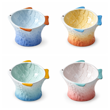 Raised Tilted Ceramic Cat Bowl - Cute Elevated Slanted Shallow Angled Cat Dish - Personalized Pet Feeder for Food Feeding - Ergonomic Anti Vomiting Whisker Fatigue - Size for Cat and Small Dog | clean white multi-variant SKU hero | Blue + Orange + Green + Pink | DETERMINISTIC_COMPOSITE