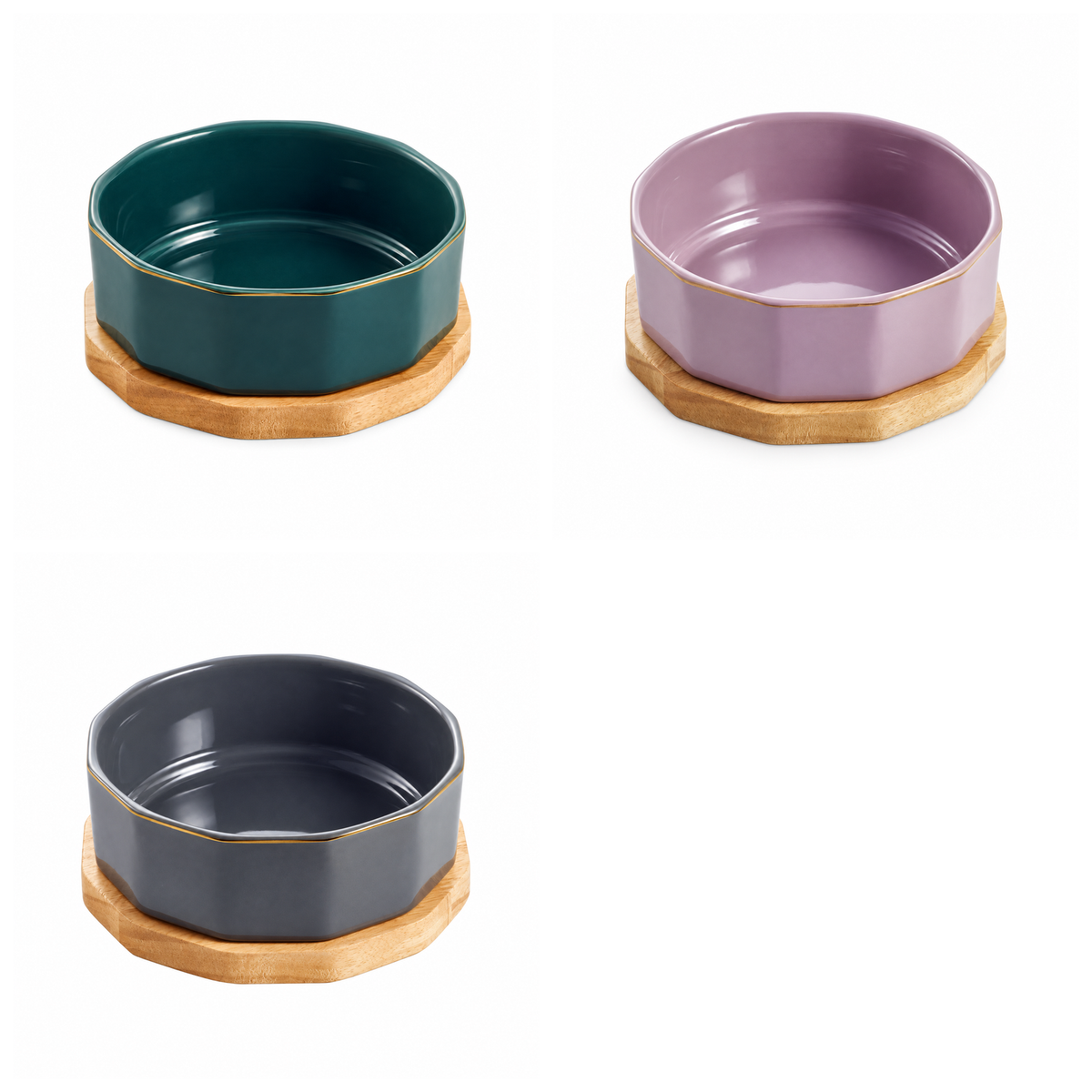 Elegant Ceramic Pet Bowl with Oak Base | clean white multi-variant SKU hero | complete variant set | DETERMINISTIC_COMPOSITE