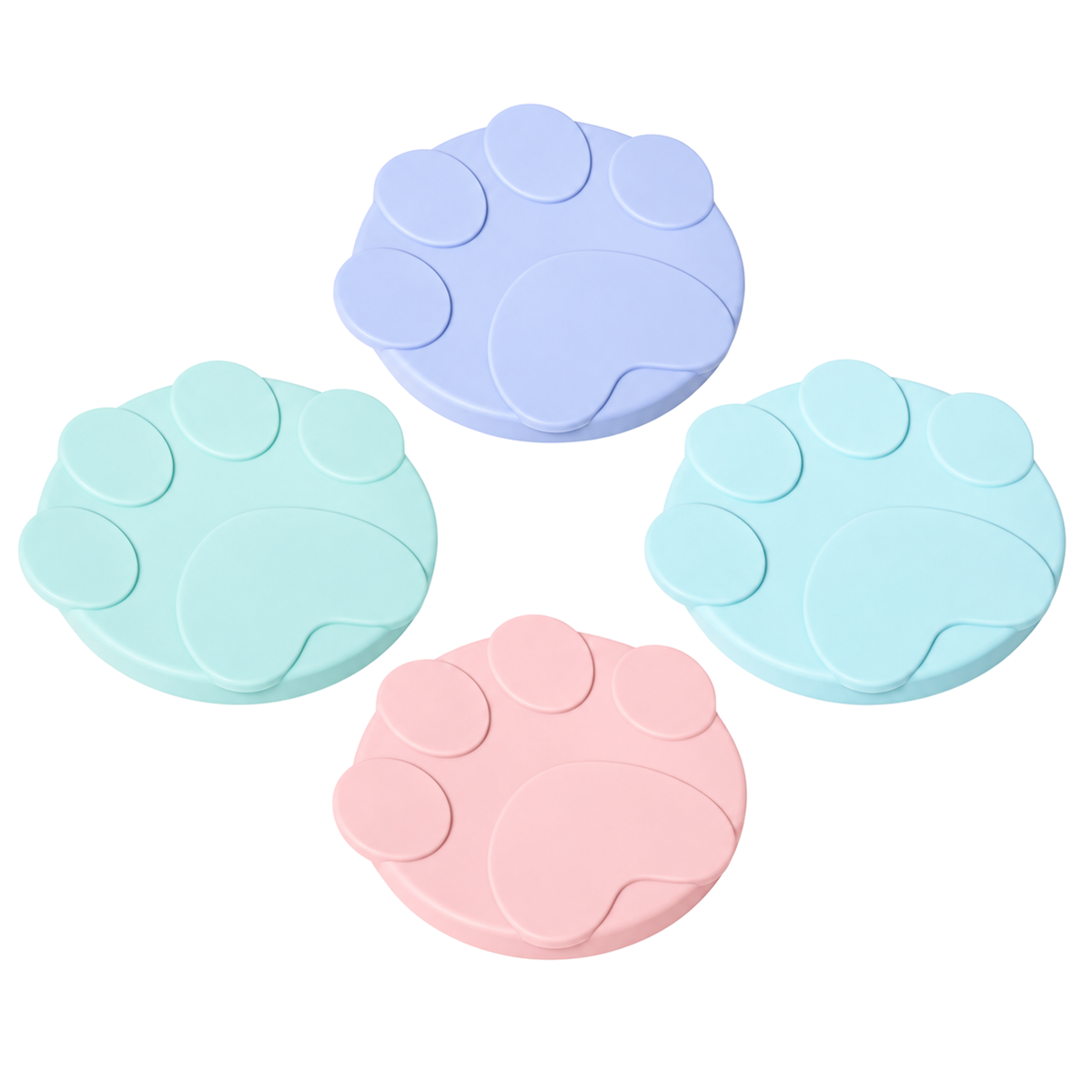 Soft silicone cat food can lids in Sky Blue, Mint Green, and Cinnamon Pink on a clean white background