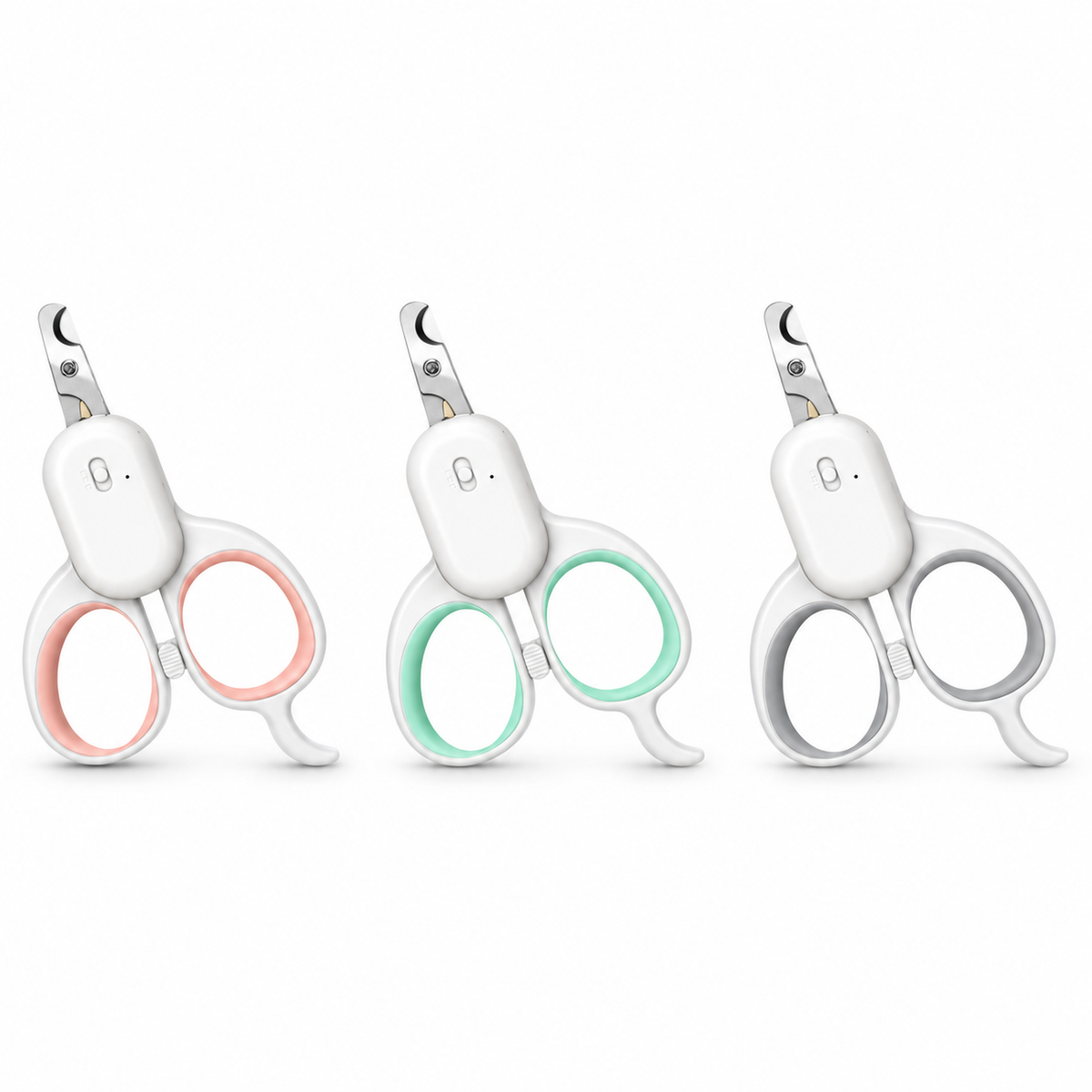 Pink, green and grey LED cat nail scissors on a white background