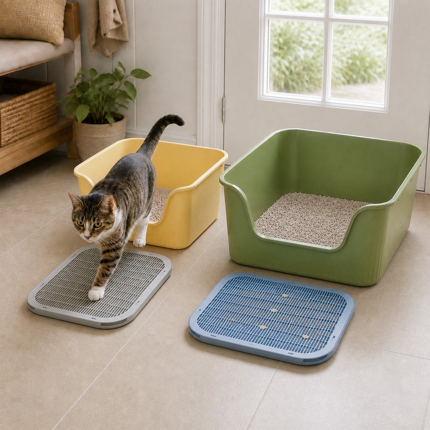 Gray and Blue Hoopet cat litter mats with yellow XL and green XXL litter boxes in a utility room [Gallery: Shared]