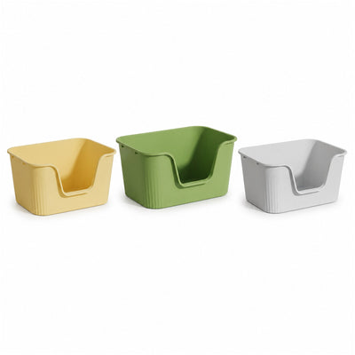 Hoopet XL and XXL open cat litter boxes in yellow green and grey