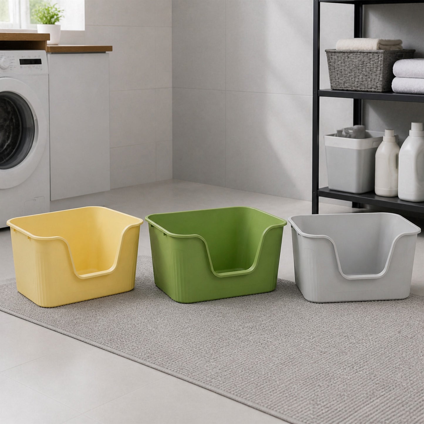 Hoopet XL and XXL open cat litter boxes in yellow green and grey in a modern utility room