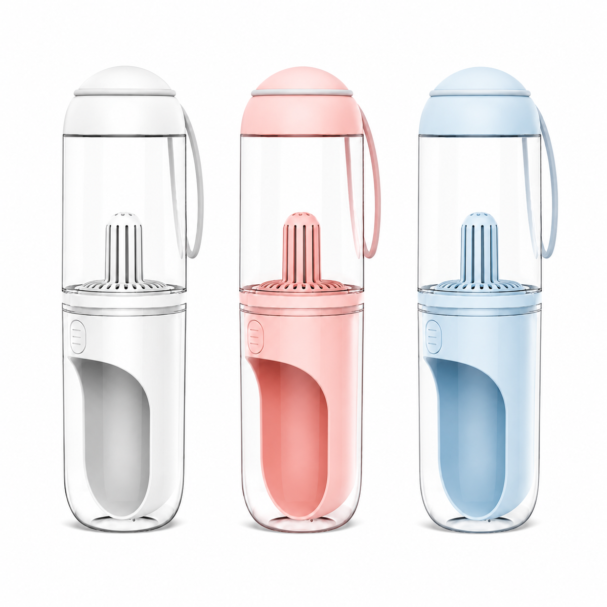 Aiwo 330 mL pet travel water bottles in White, Pink and Blue on a clean white background [Gallery: Shared]