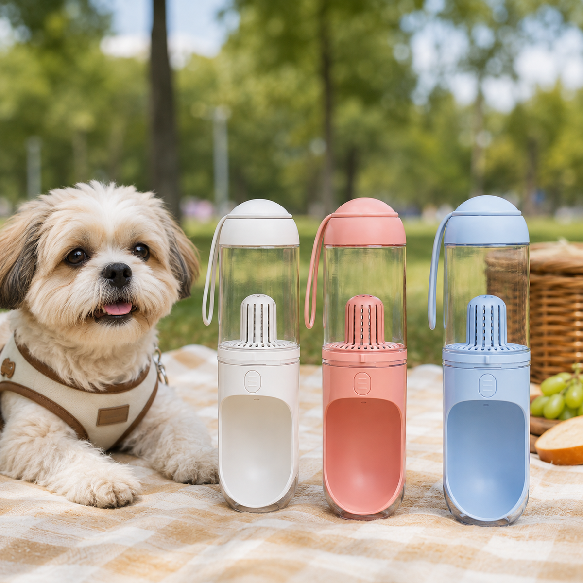 Aiwo 330 mL pet travel water bottles in White, Pink and Blue outdoors with a dog [Gallery: Shared]