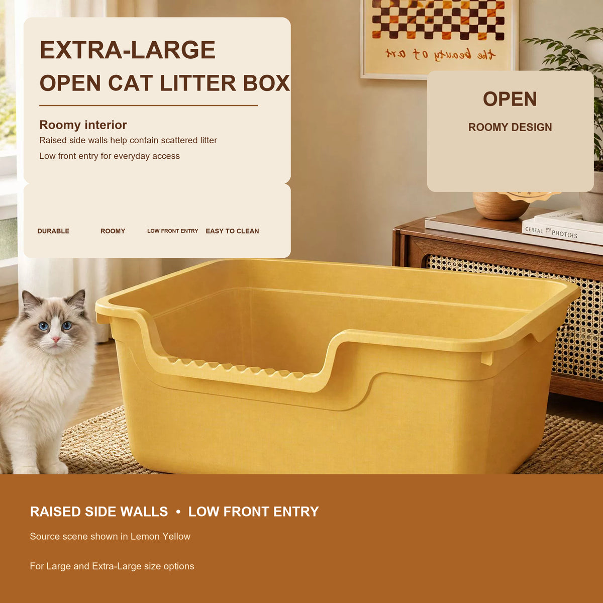 Large and Extra-Large open cat litter box with raised side walls and a low front entry, translated source feature image [Gallery: Shared]