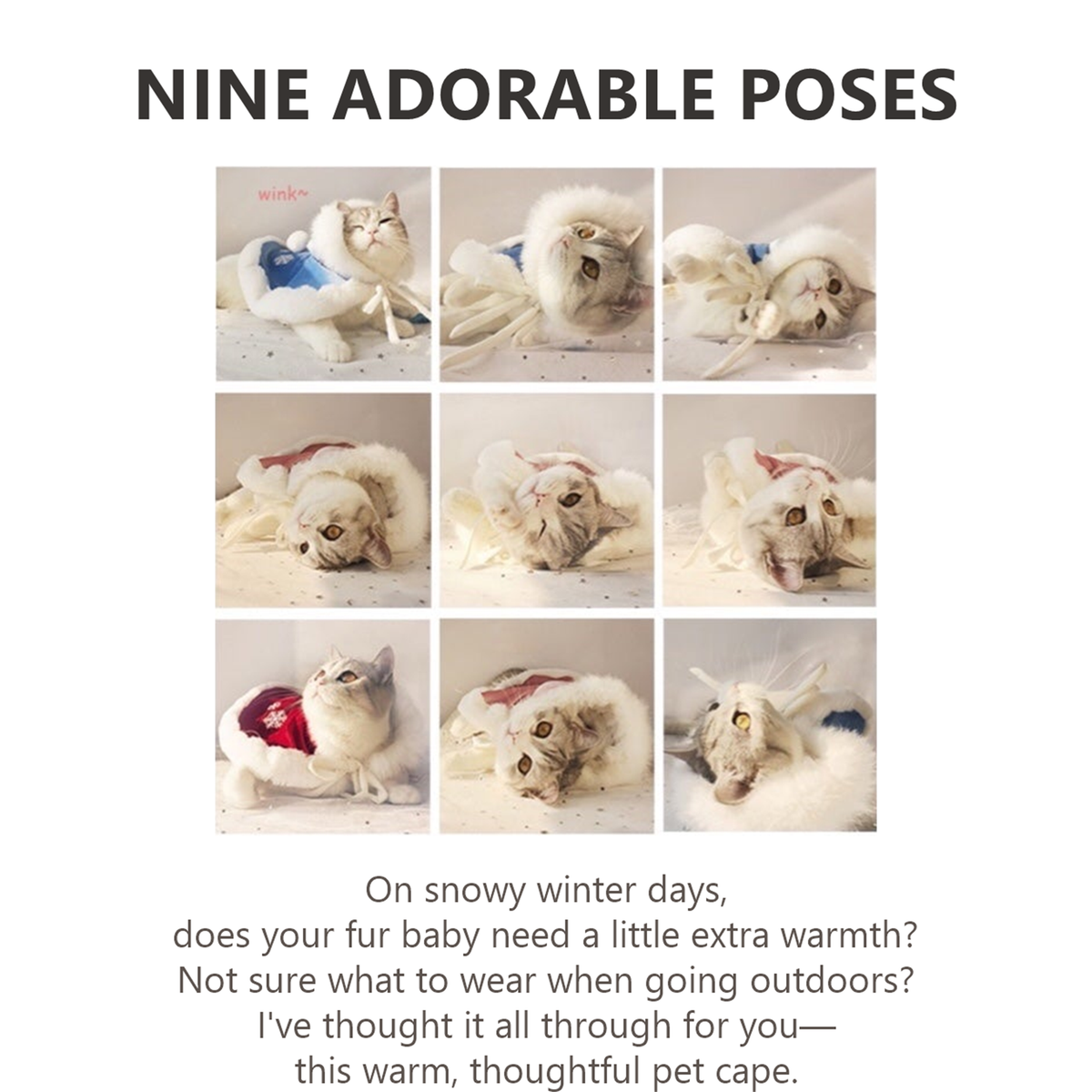 Nine adorable cat poses wearing a warm fleece pet cape