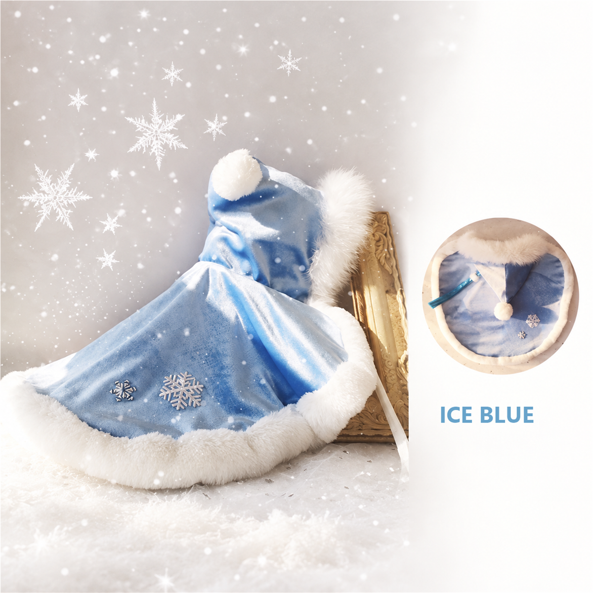 Ice blue warm fleece cat cape with soft fur trim