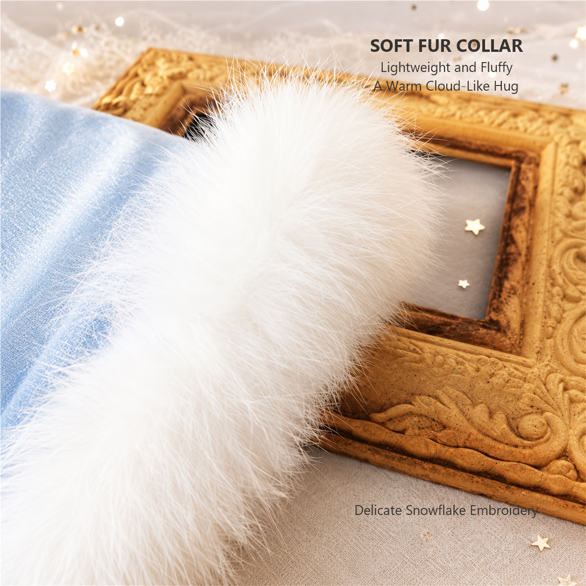 Soft fur collar and snowflake embroidery on an ice blue cat cape