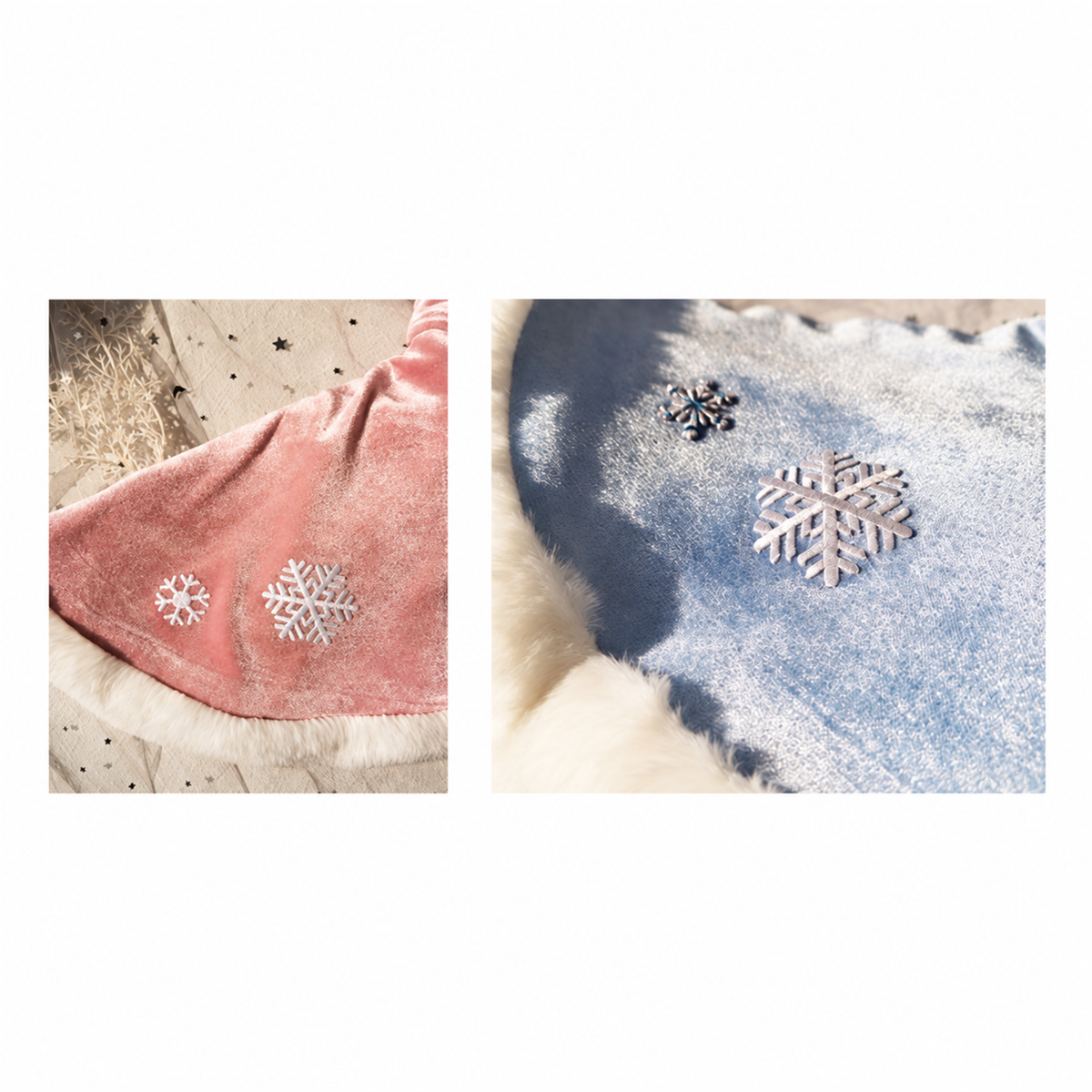 Rose pink and ice blue fleece fabric with snowflake embroidery