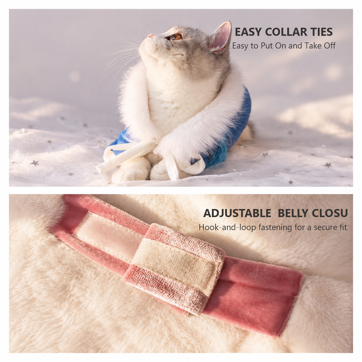 Adjustable belly closure on a warm fleece cat cape