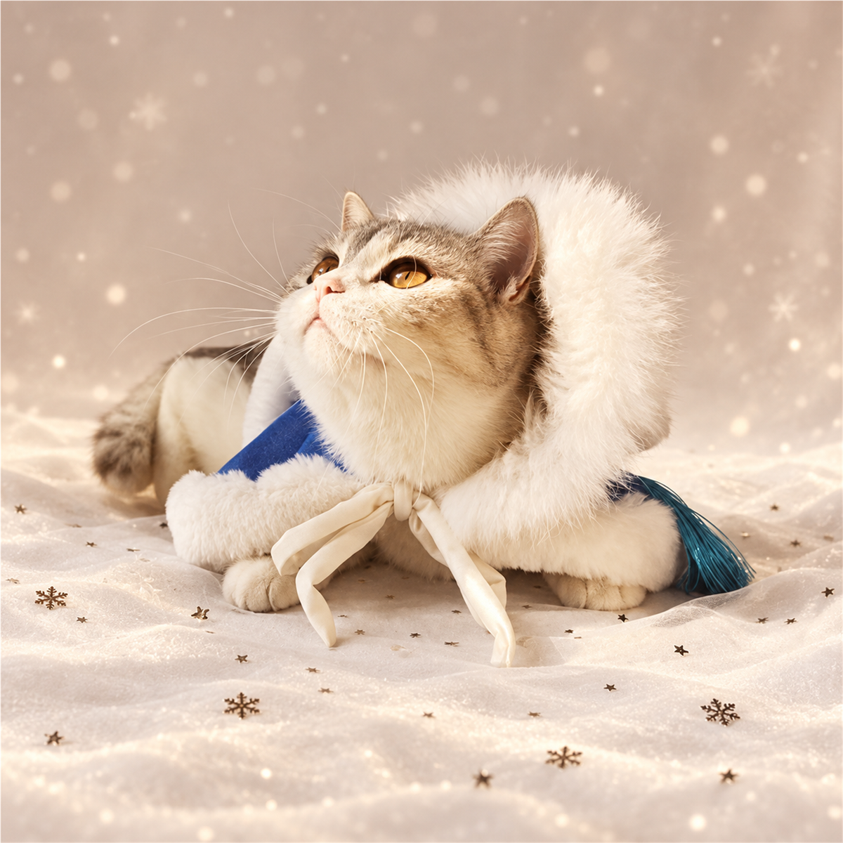 Cat wearing an ice blue fleece cape outdoors