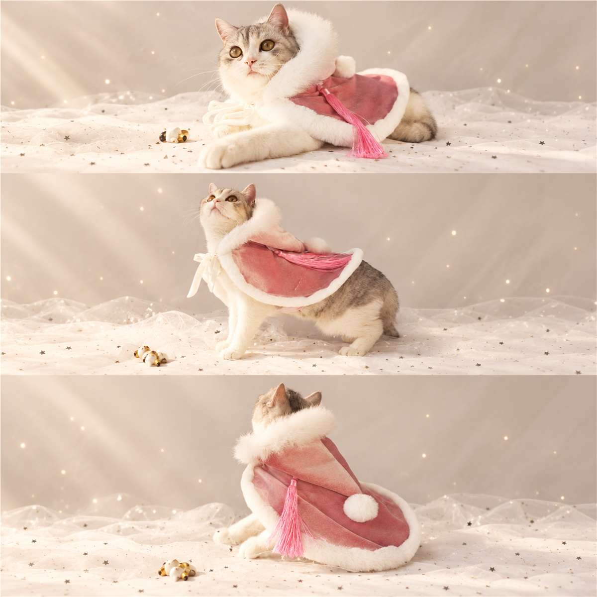 Cats wearing red, blue and pink warm fleece capes