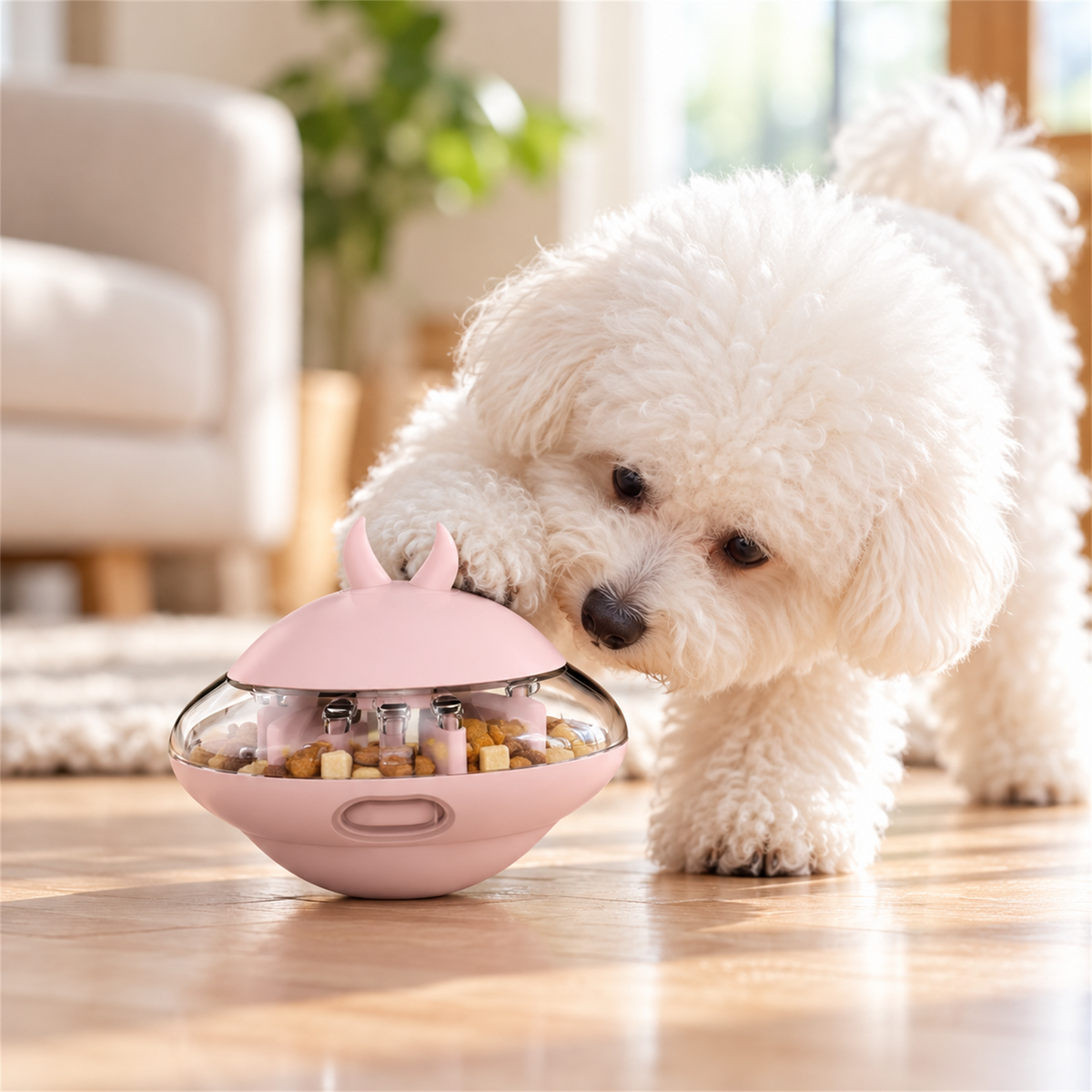 AIWO UFO wobble treat dispensing puzzle toy dog usage scene in a home setting