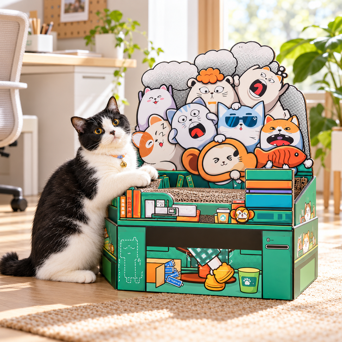 Work Cat scratcher box in a bright home with a cat
