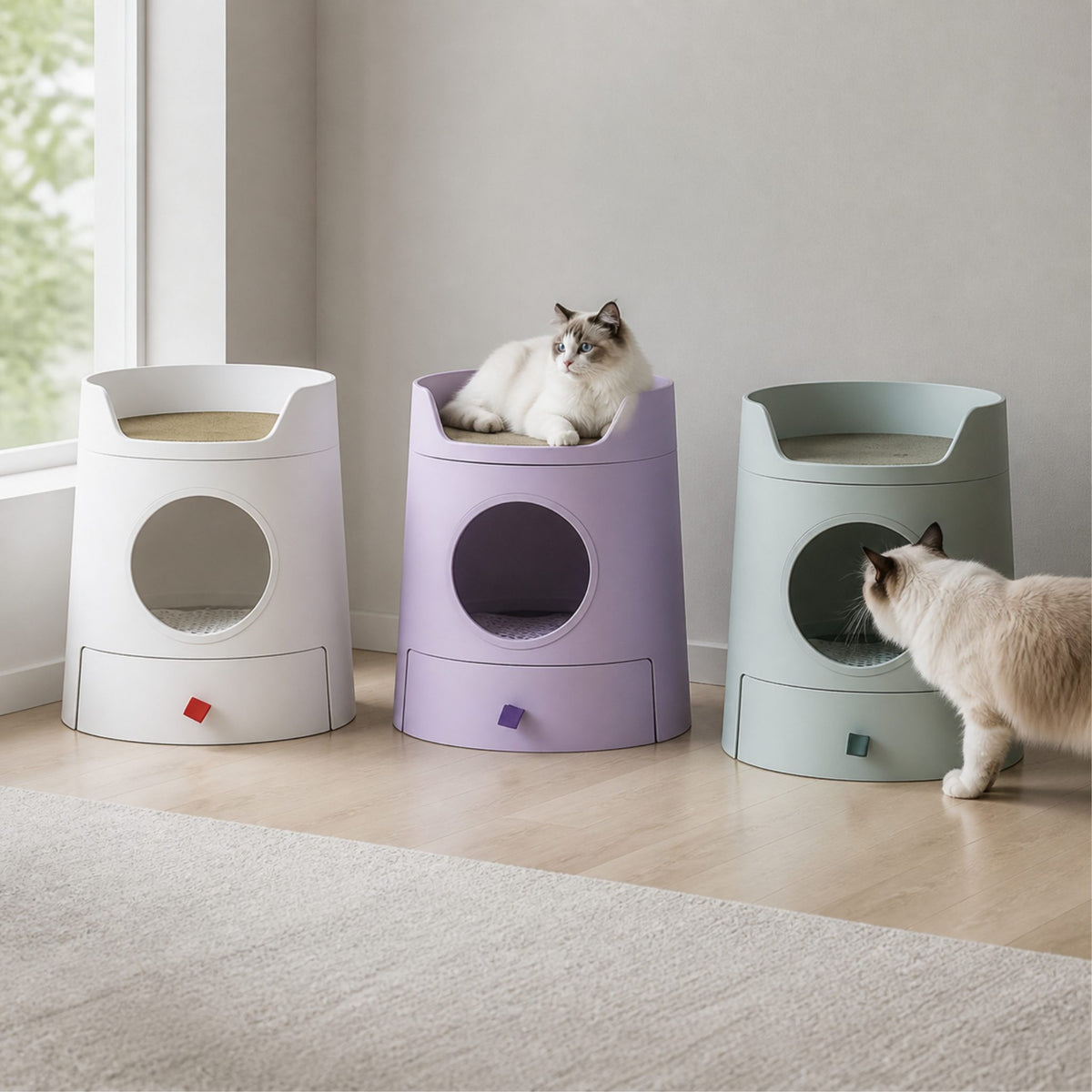 MAYITWILL Cat Castle Semi-Closed Litter Box - three-colour lifestyle scene [Gallery: Shared]