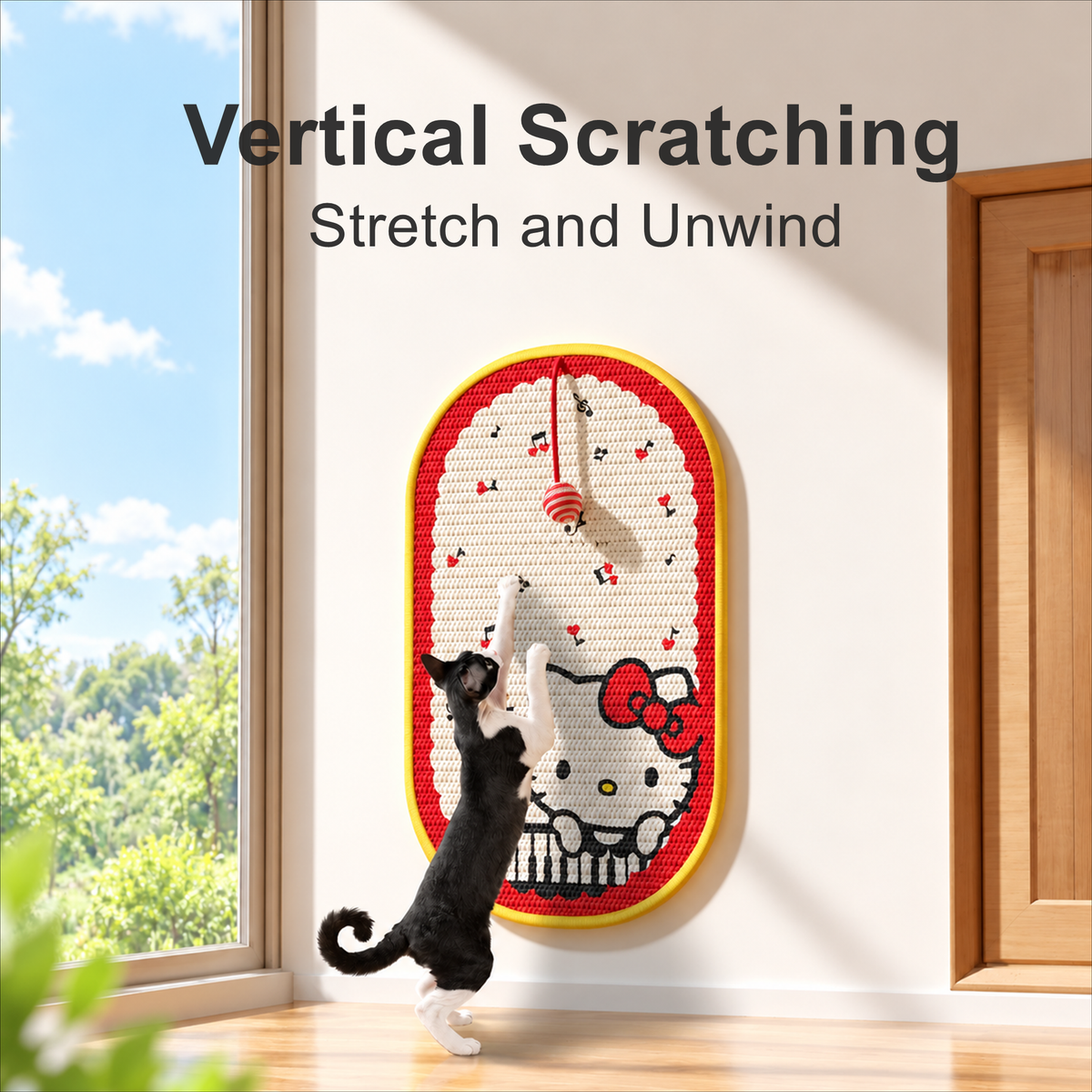 Hello Kitty wall-mounted sisal cat scratching mat beside a doorway, vertical scratching scene [Revision: Large Text English]
