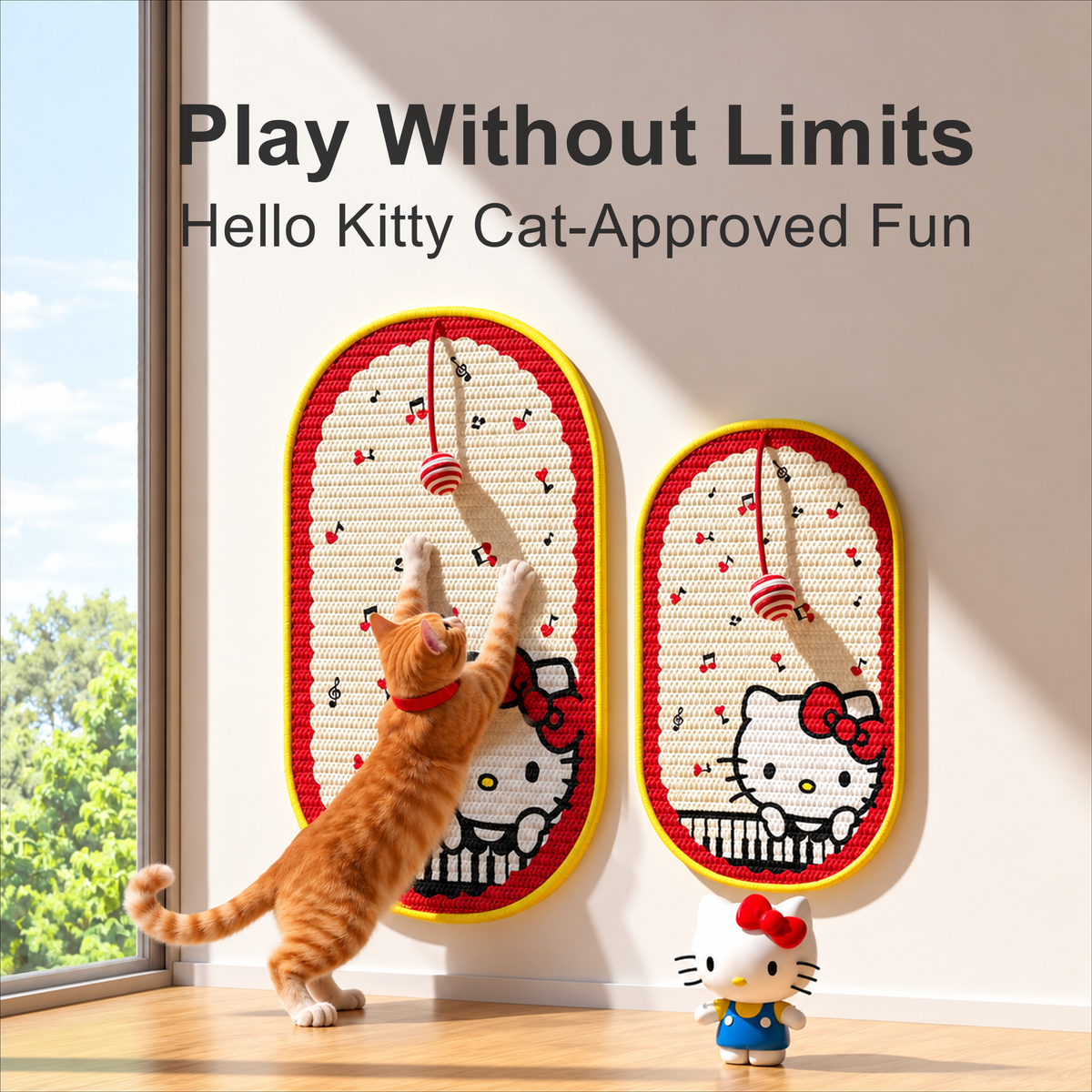 Hello Kitty sisal cat scratching mat with two sizes and a cat using it, play without limits scene [Revision: Large Text English]