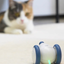 Destiny Pet interactive cat mouse toy - English translated detail image showing white interactive mouse toy with blue wheels and a light