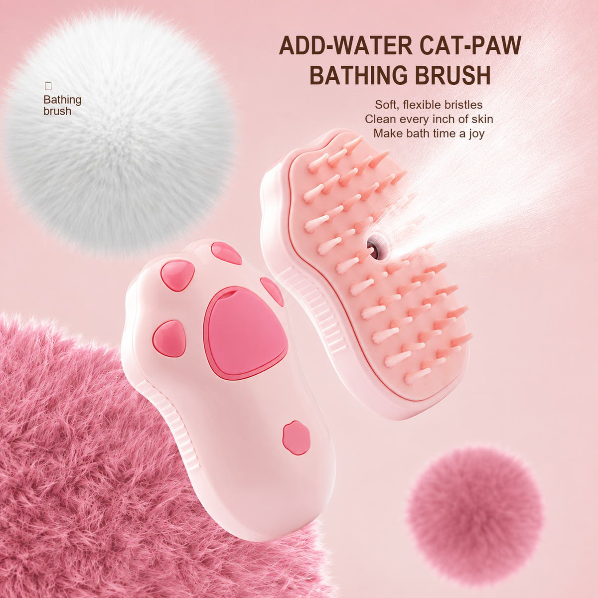 Pink cat-paw add-water bathing brush with soft flexible brush head
