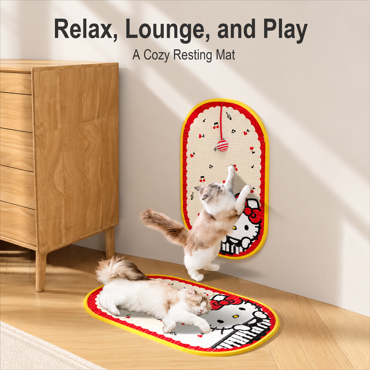 Hello Kitty cat scratching mat in use by cats for indoor enrichment