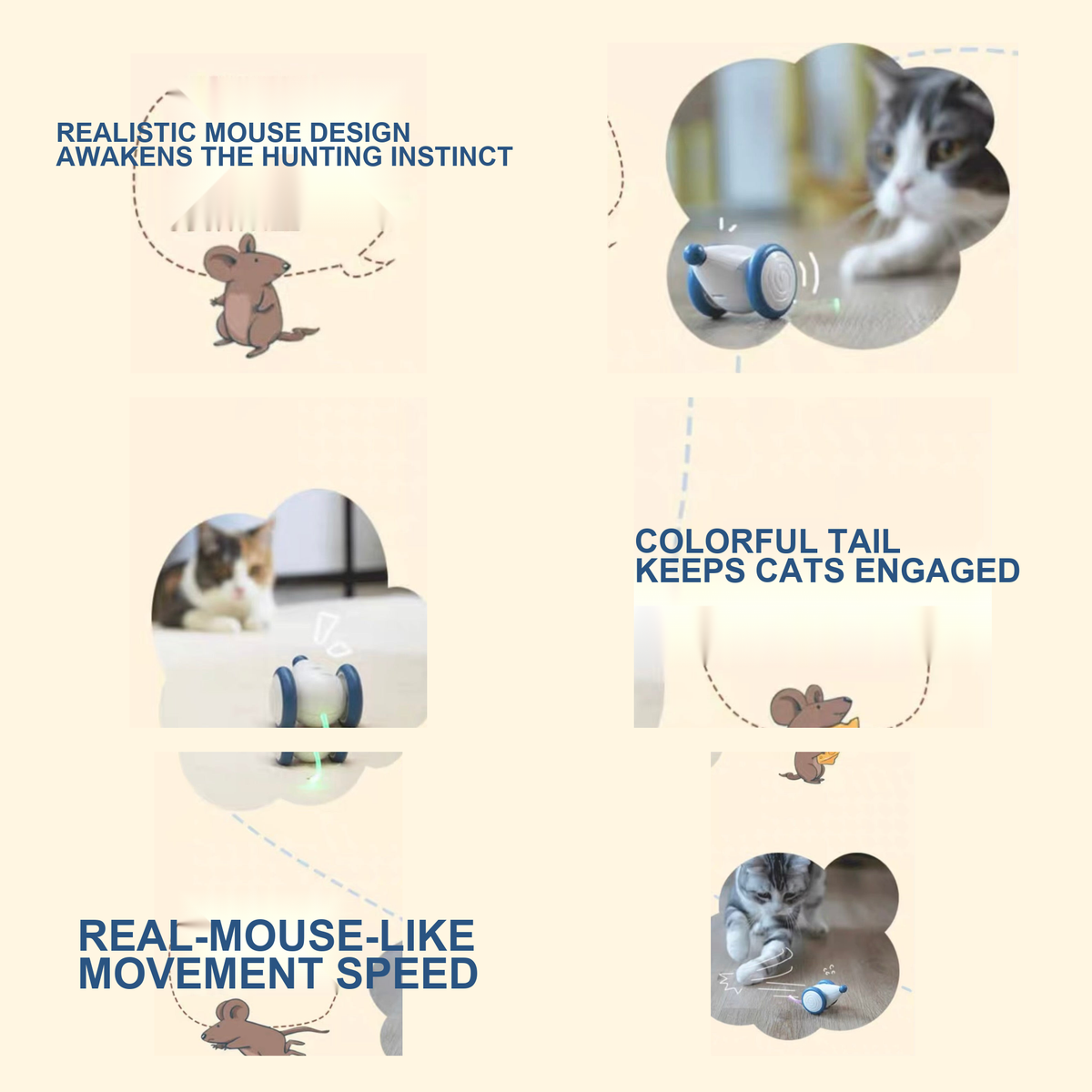 Destiny Pet interactive cat mouse toy - English translated detail image showing feature overview with cat play scenes and realistic mouse design