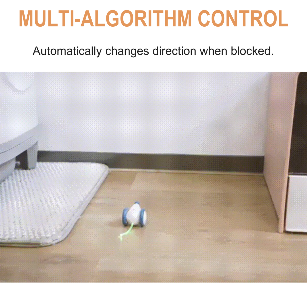 Destiny Pet interactive cat mouse toy - English translated detail image showing interactive mouse toy changing direction around an obstacle