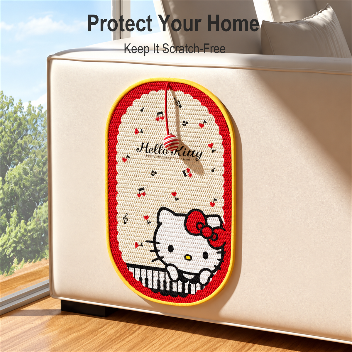 Hello Kitty cat scratching mat wall placement in a home interior