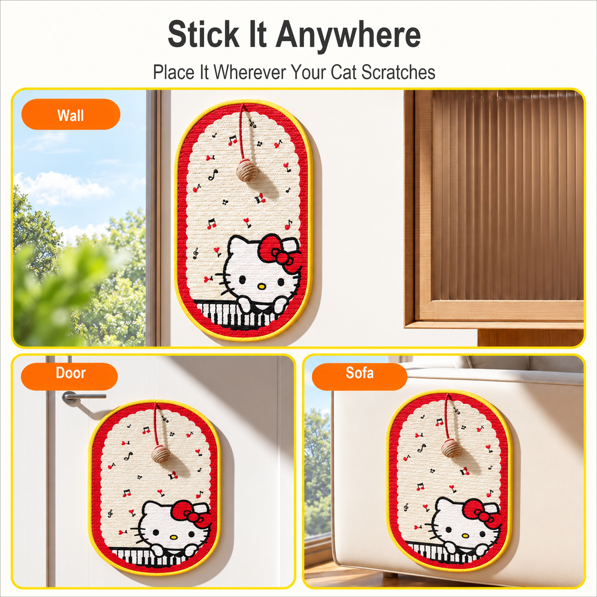 Hello Kitty sisal cat scratching mat shown in multiple placement options
