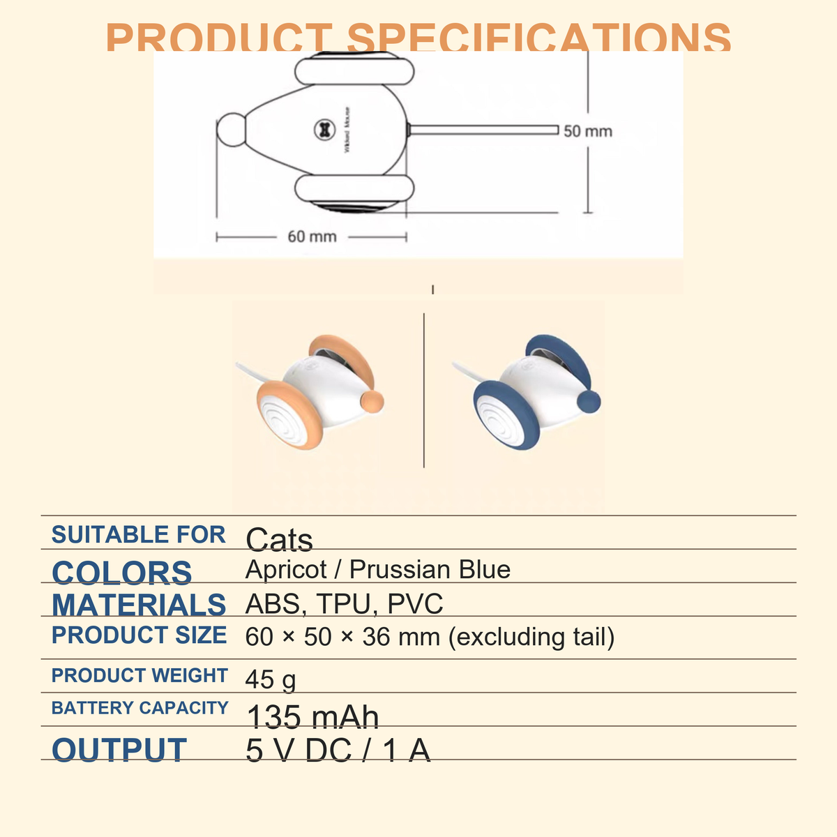 Destiny Pet interactive cat mouse toy - English translated detail image showing interactive mouse toy size and specification diagram