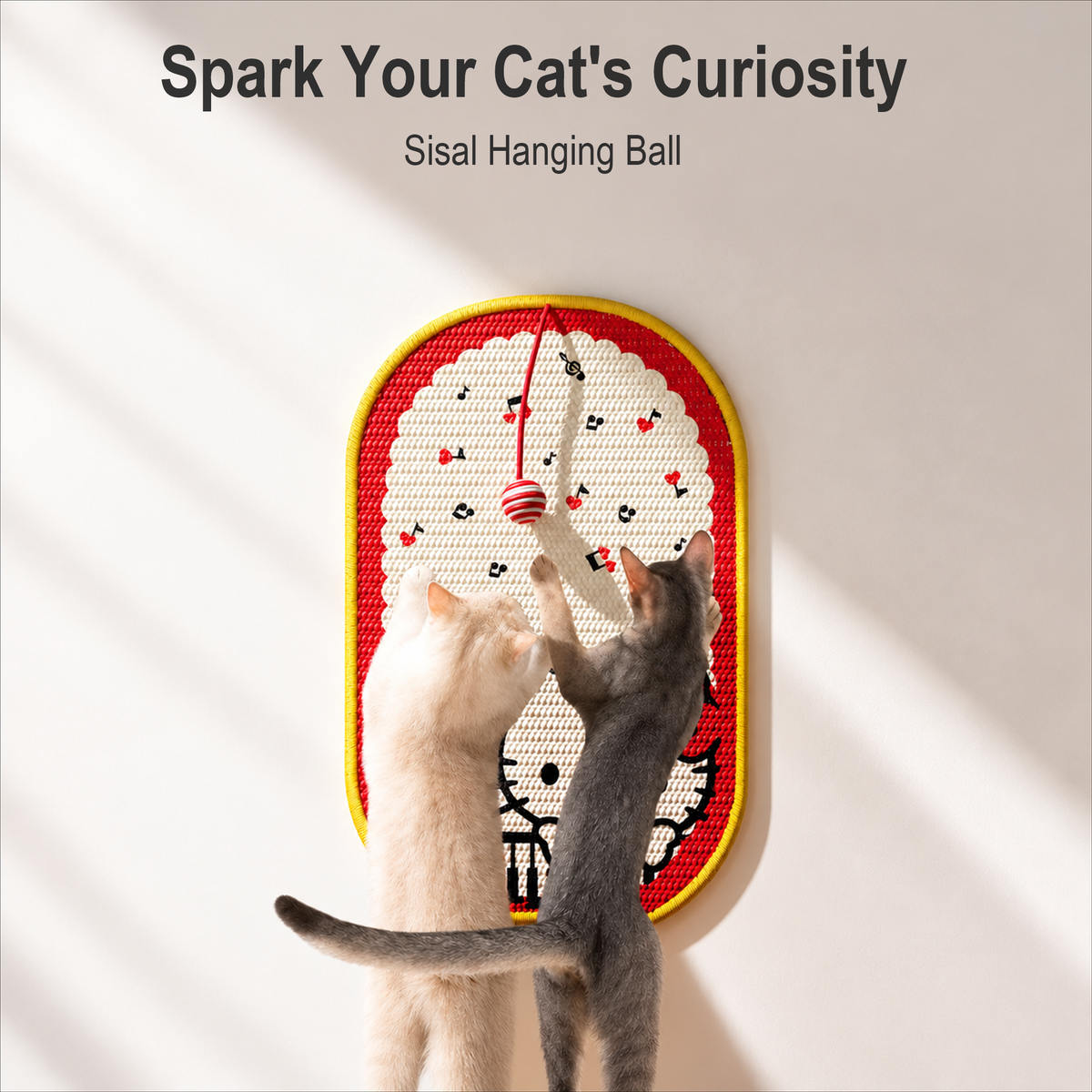 Hello Kitty cat scratching mat in use by cats for indoor enrichment