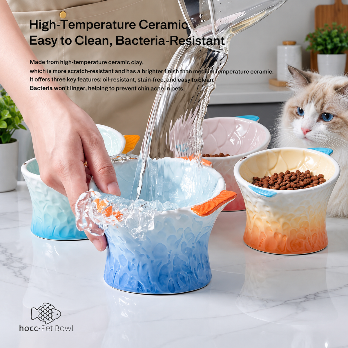 Raised Tilted Ceramic Cat Bowl - Cute Elevated Slanted Shallow Angled Cat Dish - Personalized Pet Feeder for Food Feeding - Ergonomic Anti Vomiting Whisker Fatigue - Size for Cat and Small Dog | detail image 3 | square correction | FULL_FRAME_OUTPAINT_TEXT_LAYOUT_REBUILD | 20260919
