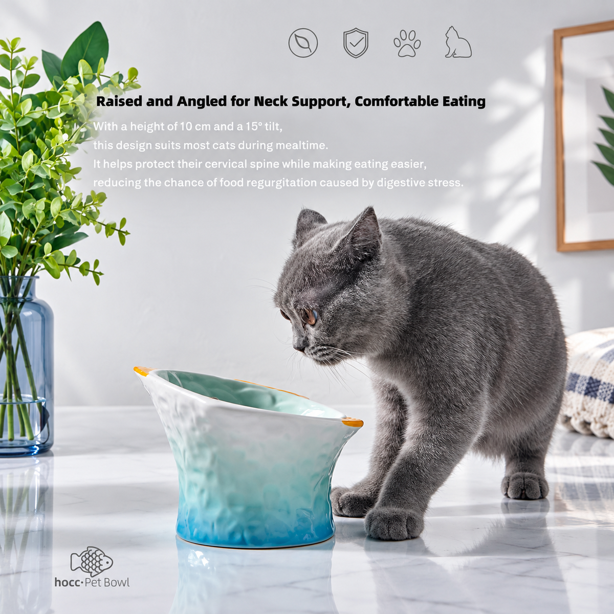 Raised Tilted Ceramic Cat Bowl - Cute Elevated Slanted Shallow Angled Cat Dish - Personalized Pet Feeder for Food Feeding - Ergonomic Anti Vomiting Whisker Fatigue - Size for Cat and Small Dog | detail image 4 | square correction | FULL_FRAME_OUTPAINT_TEXT_LAYOUT_REBUILD | 20260919