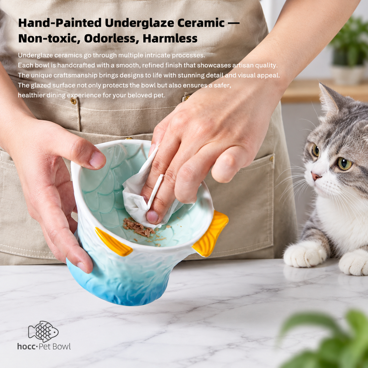 Raised Tilted Ceramic Cat Bowl - Cute Elevated Slanted Shallow Angled Cat Dish - Personalized Pet Feeder for Food Feeding - Ergonomic Anti Vomiting Whisker Fatigue - Size for Cat and Small Dog | detail image 6 | square correction | FULL_FRAME_OUTPAINT_TEXT_LAYOUT_REBUILD | 20260919