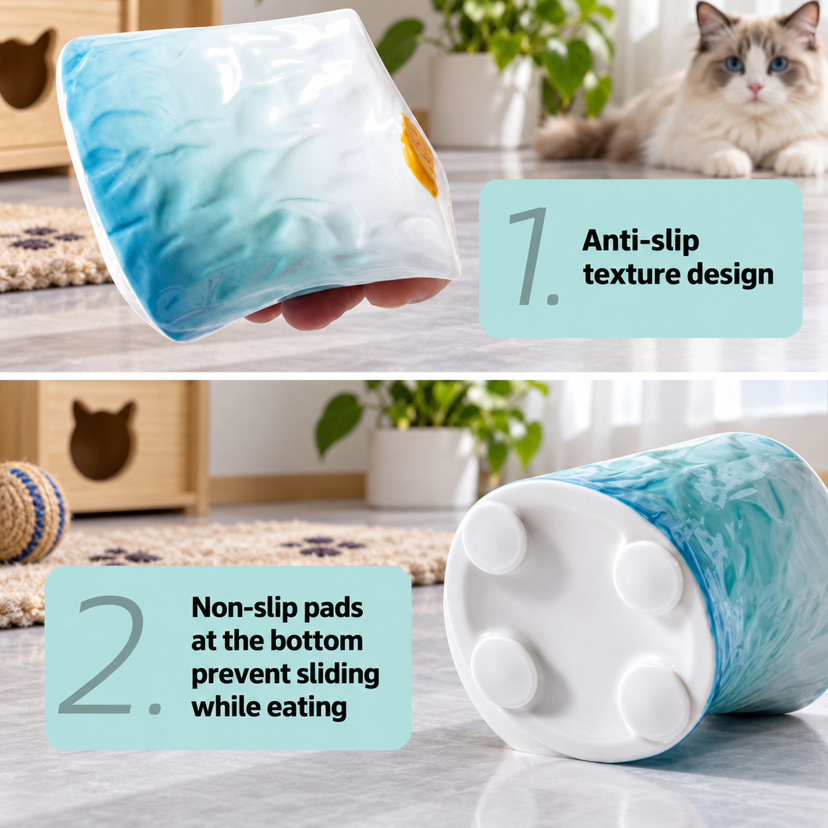 Raised Tilted Ceramic Cat Bowl - Cute Elevated Slanted Shallow Angled Cat Dish - Personalized Pet Feeder for Food Feeding - Ergonomic Anti Vomiting Whisker Fatigue - Size for Cat and Small Dog | detail image 11 | square correction | FULL_FRAME_OUTPAINT_TEXT_LAYOUT_REBUILD | 20260919