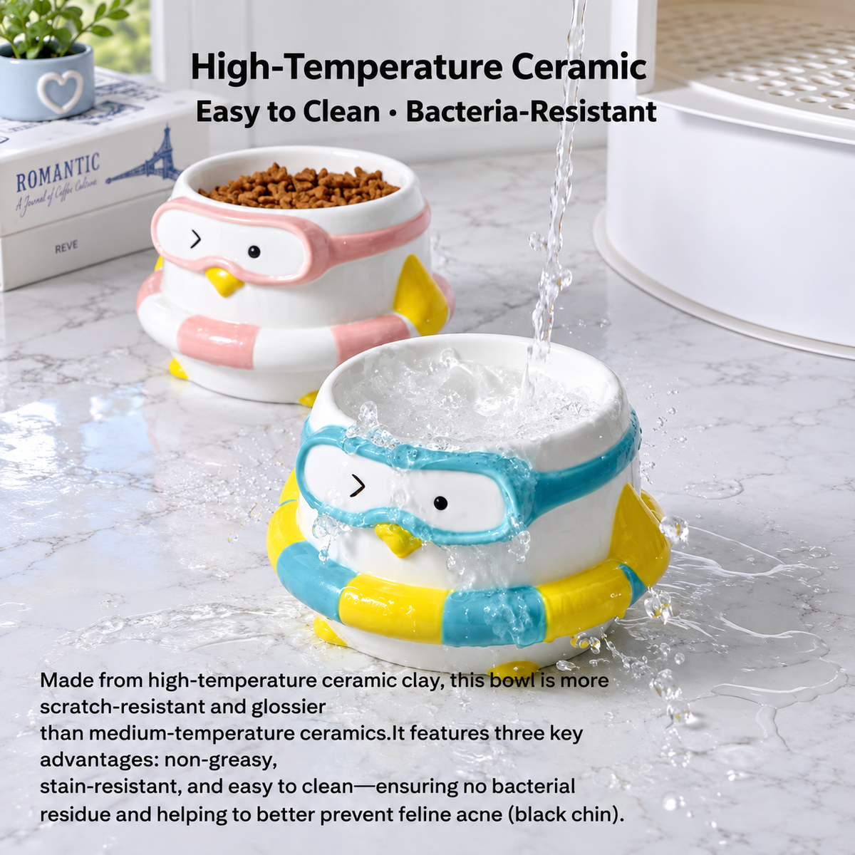 Penguin Swim Ring Ceramic Pet Bowl | detail image 3 | square correction | FULL_FRAME_OUTPAINT_TEXT_LAYOUT_REBUILD | 20260919