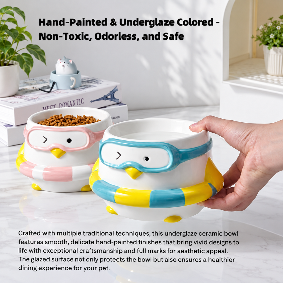 Penguin Swim Ring Ceramic Pet Bowl | detail image 6 | square correction | FULL_FRAME_OUTPAINT_TEXT_LAYOUT_REBUILD | 20260919