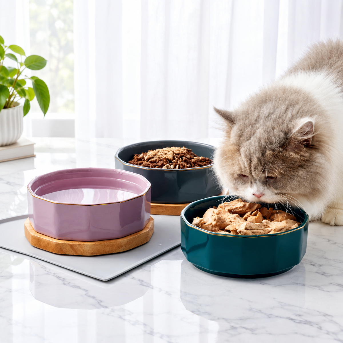 Elegant Ceramic Pet Bowl with Oak Base | detail image 10 | square correction | FULL_FRAME_OUTPAINT_TEXT_LAYOUT_REBUILD | 20260919