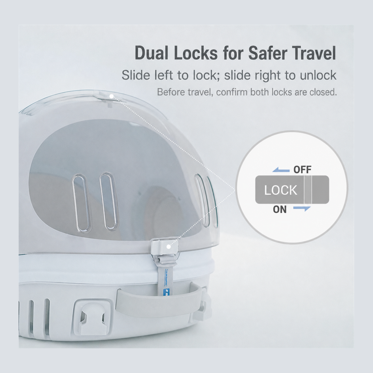 MOBOLI WE pet travel backpack carrier dual lock safety detail [Gallery: Detail]