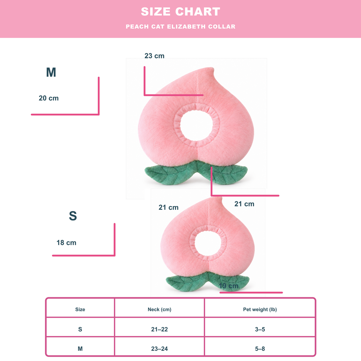 Bigger Fish peach cat Elizabeth collar - English size chart with M and S measurements