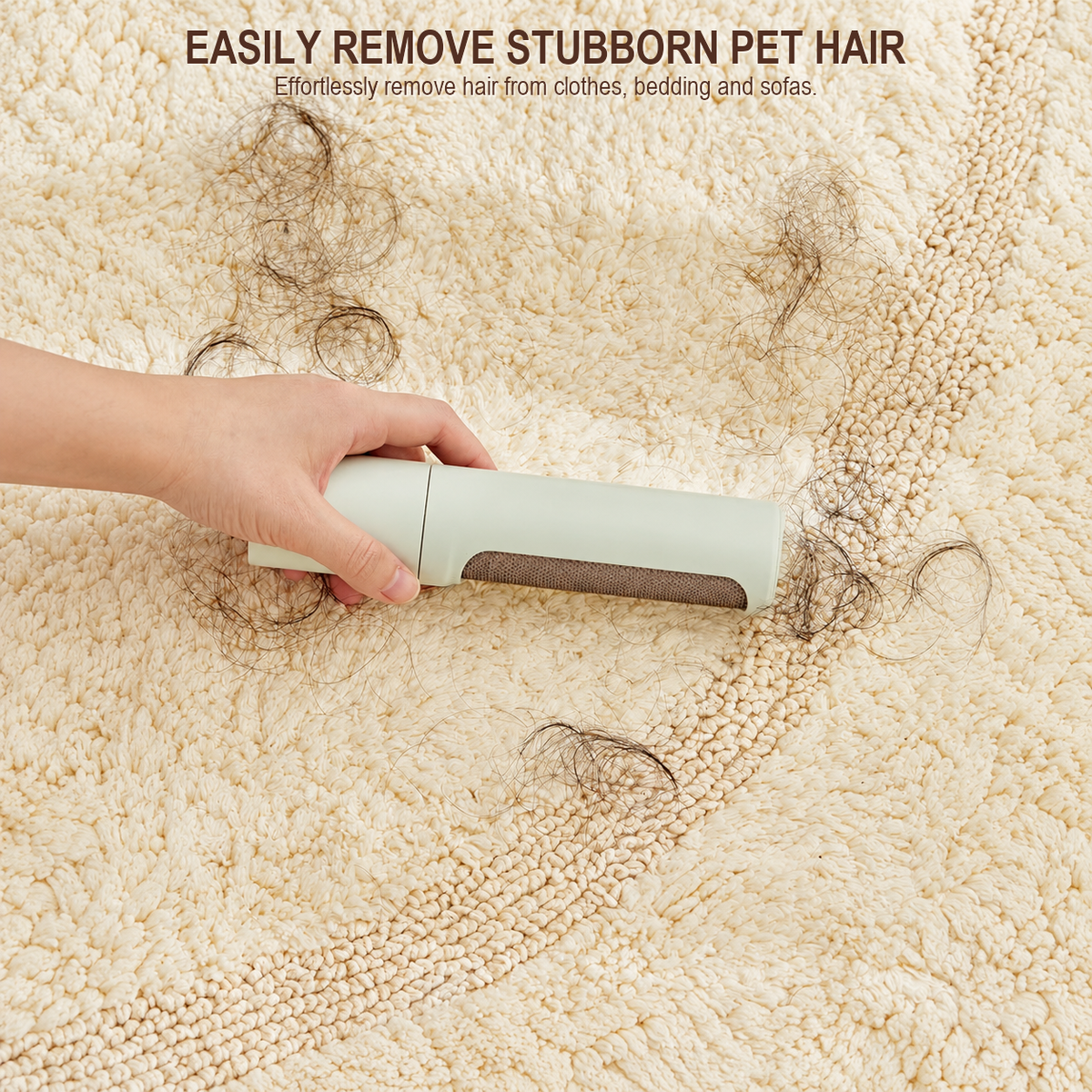 Portable reusable lint remover rolling over carpet to lift pet hair