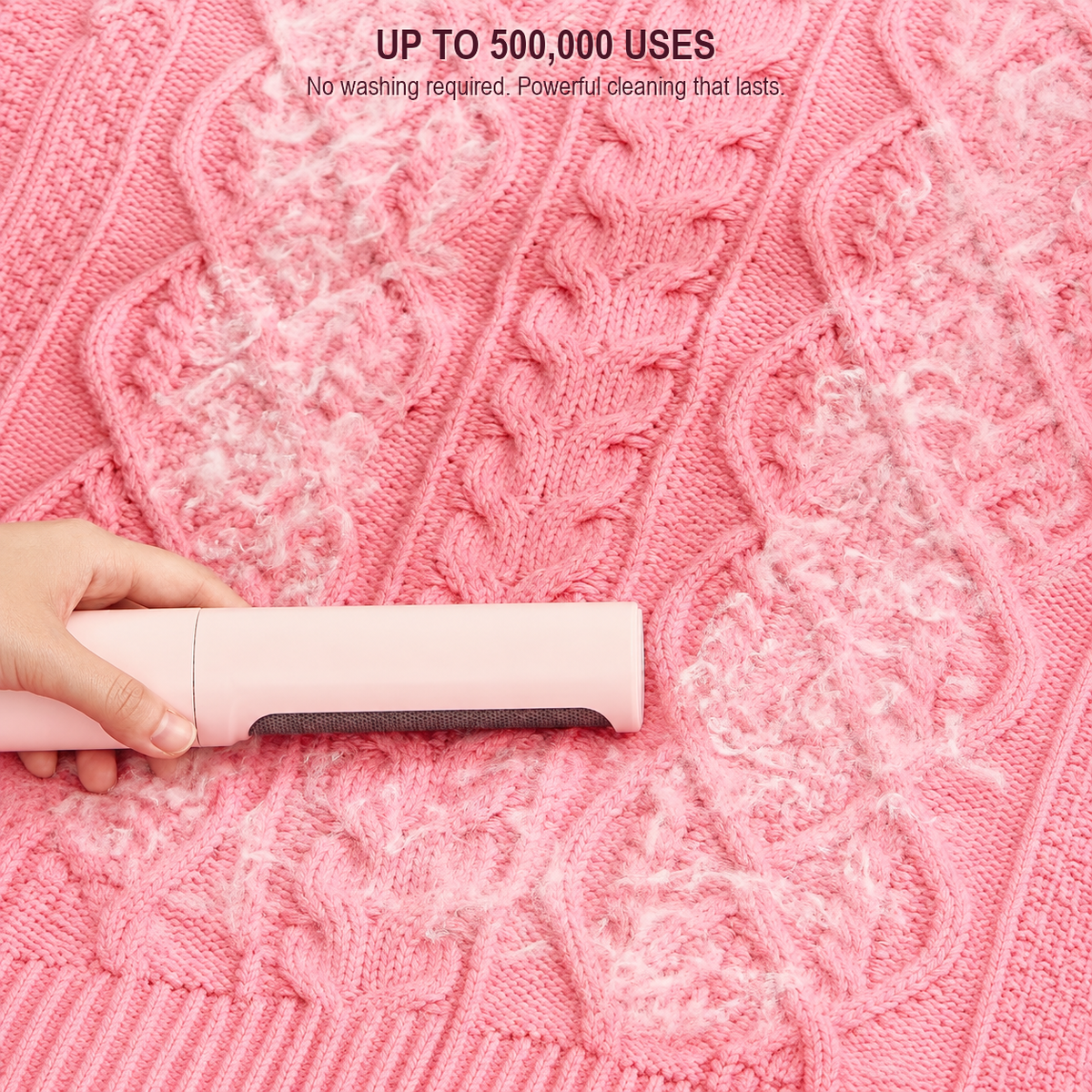 Pink reusable pet hair remover on fabric showing repeated-use design