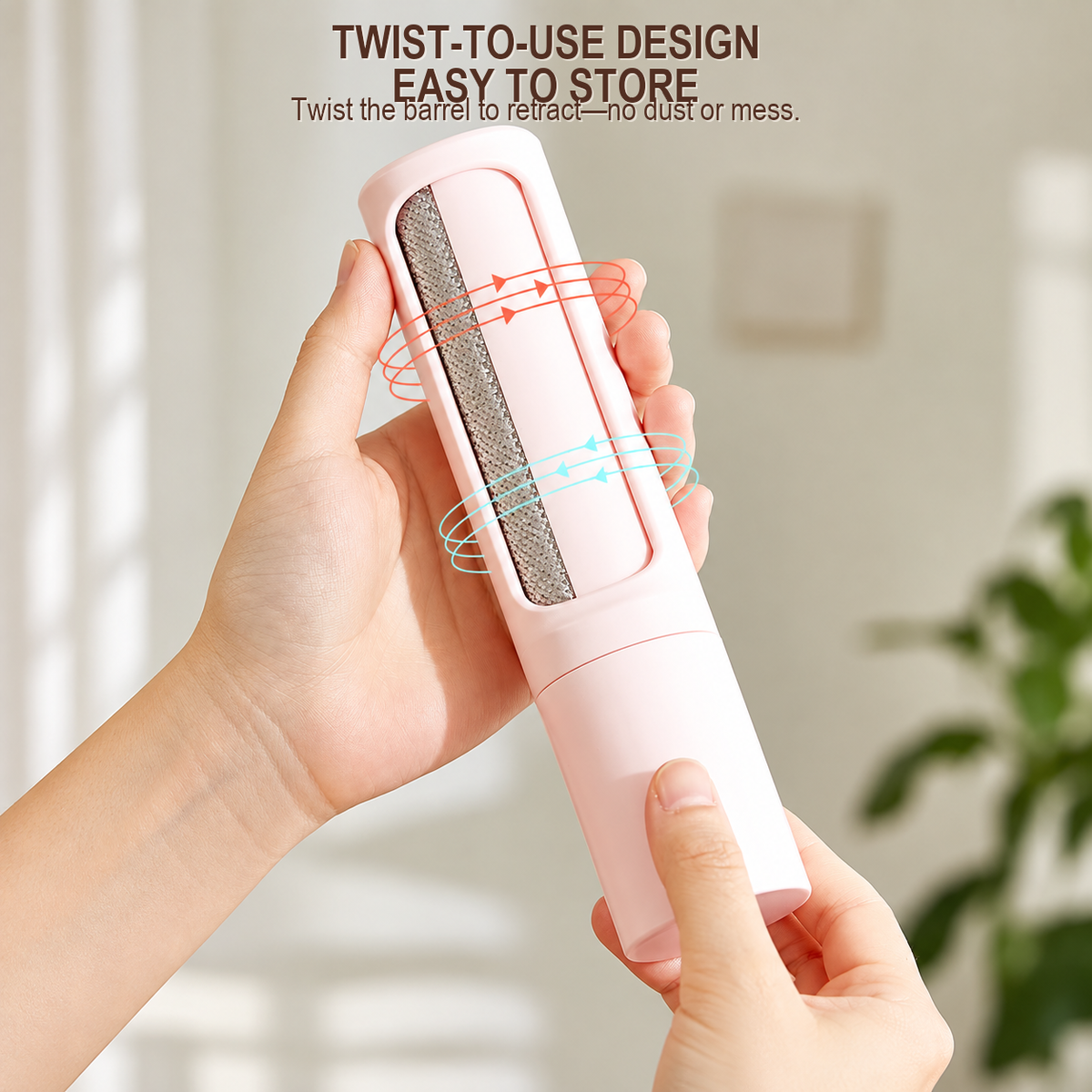 Twist-to-open portable lint remover held in hand