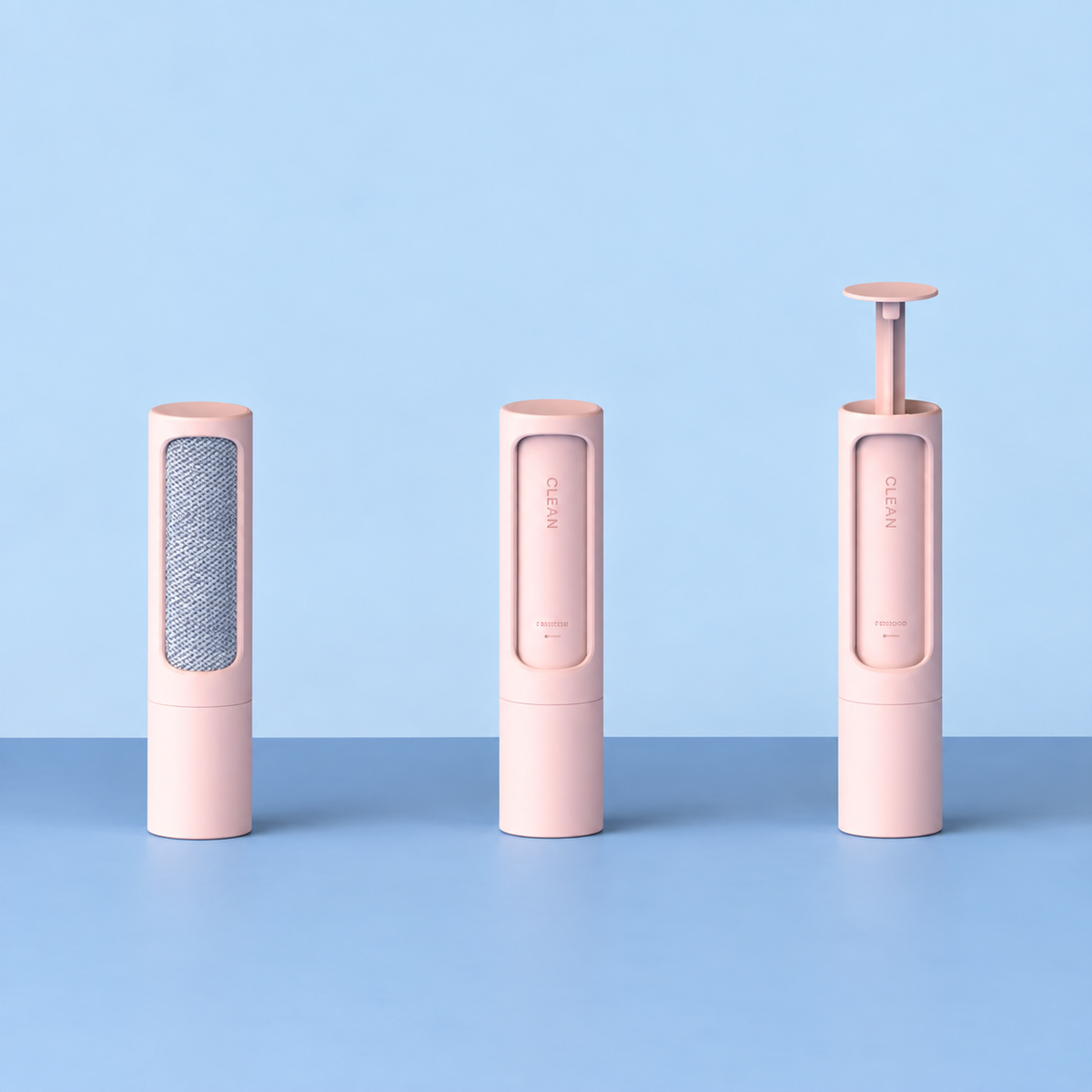 Three-color portable lint remover rollers displayed on a blue surface