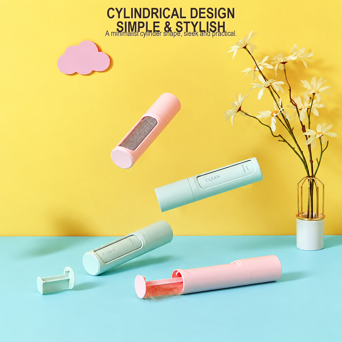 Colorful portable lint remover rollers displayed on a bright tabletop