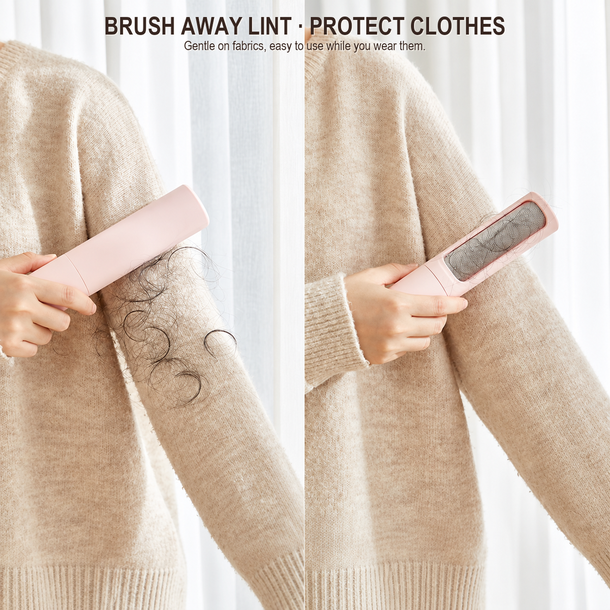 Hand using a portable pet hair remover on a sweater to lift lint